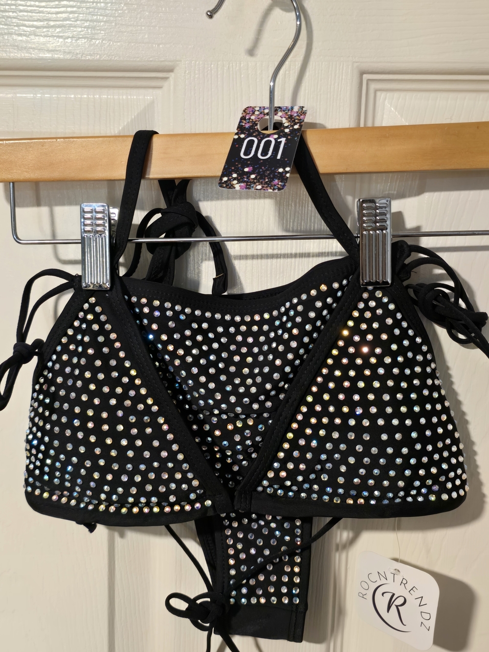 Black Rhinestone Triangle Bikini Top and Bottom Set
